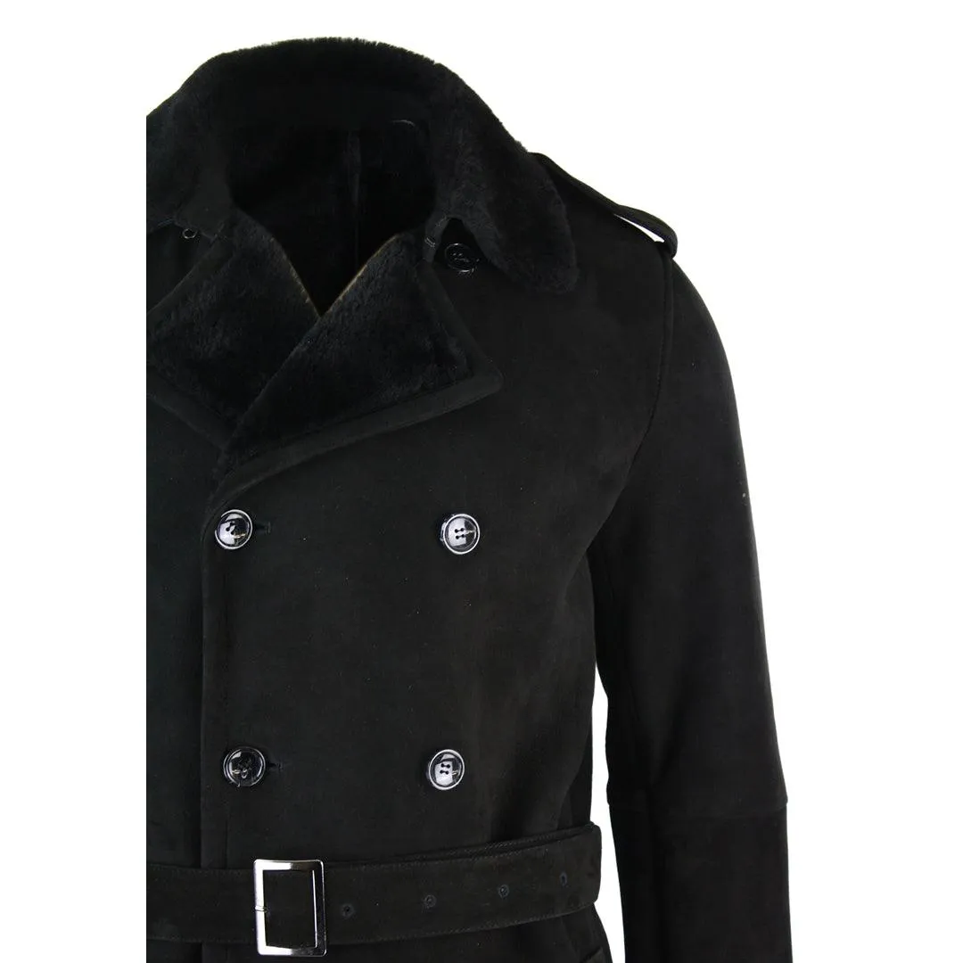 Mens Sherling Sheepskin Black Grey Double Breasted Belted Crombi 3/4 Overcoat