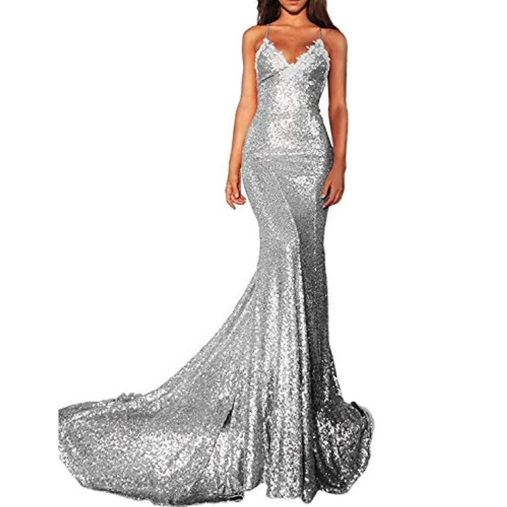 Mermaid Sequin Prom Gowns Evening Maxi Dress For Women