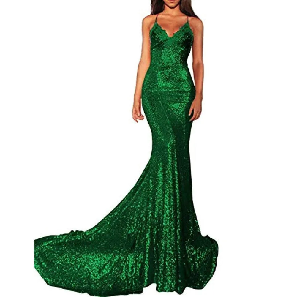 Mermaid Sequin Prom Gowns Evening Maxi Dress For Women