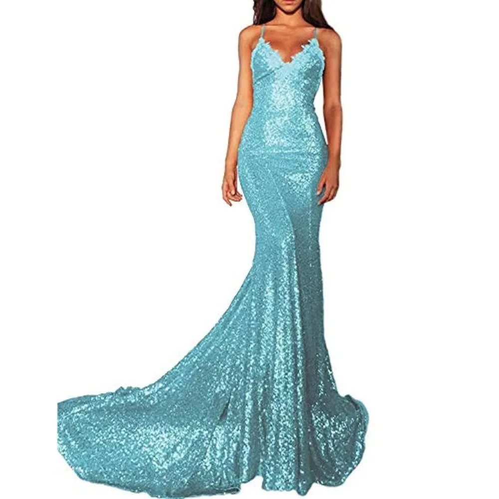 Mermaid Sequin Prom Gowns Evening Maxi Dress For Women