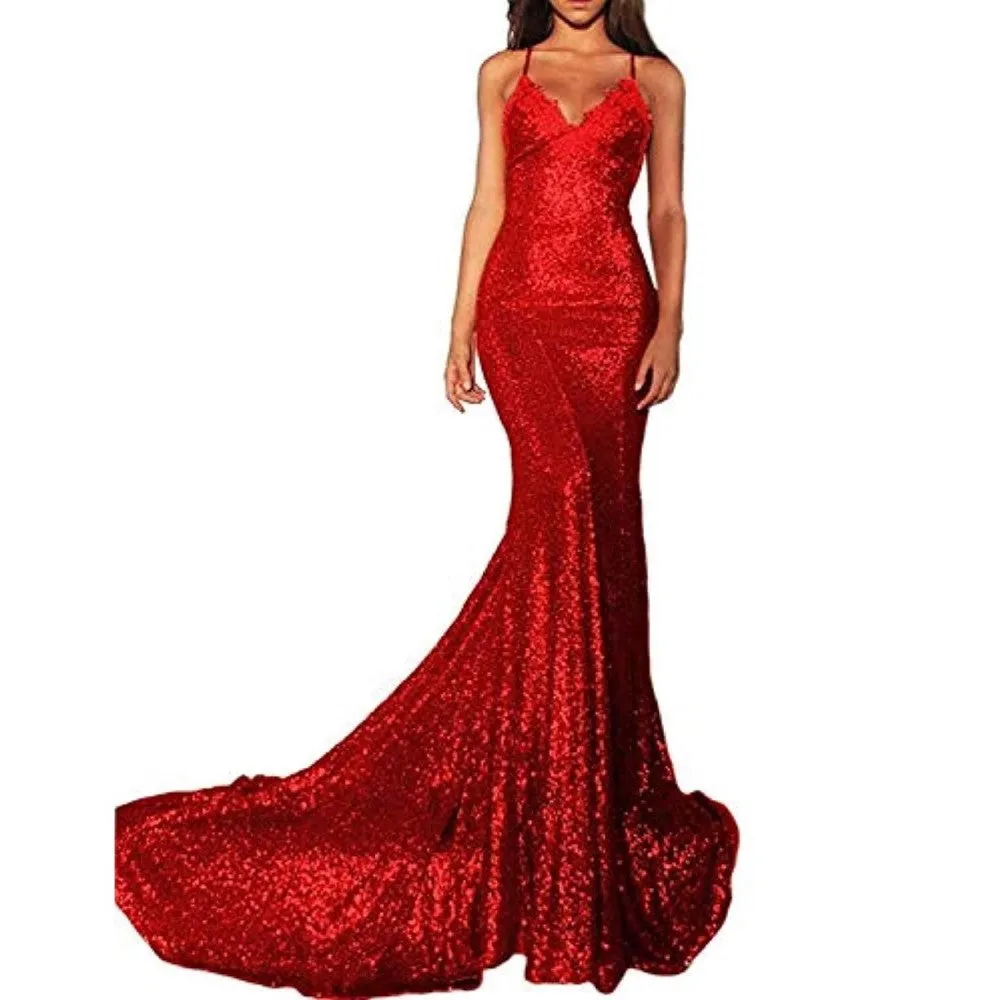 Mermaid Sequin Prom Gowns Evening Maxi Dress For Women