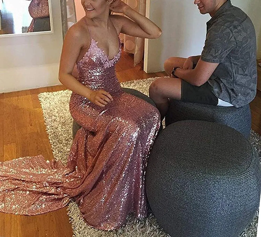 Mermaid Sequin Prom Gowns Evening Maxi Dress For Women