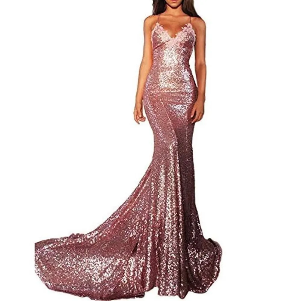 Mermaid Sequin Prom Gowns Evening Maxi Dress For Women