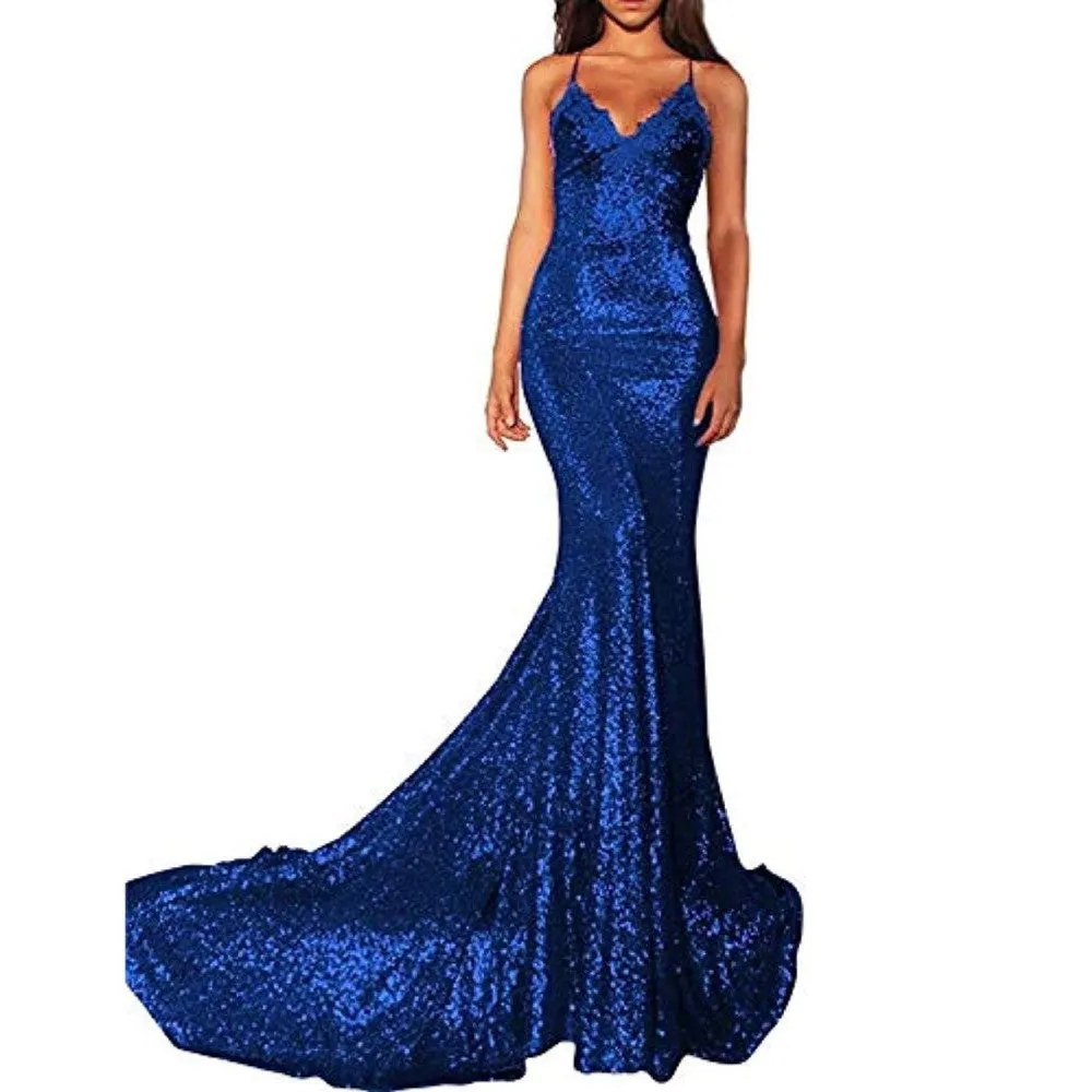 Mermaid Sequin Prom Gowns Evening Maxi Dress For Women