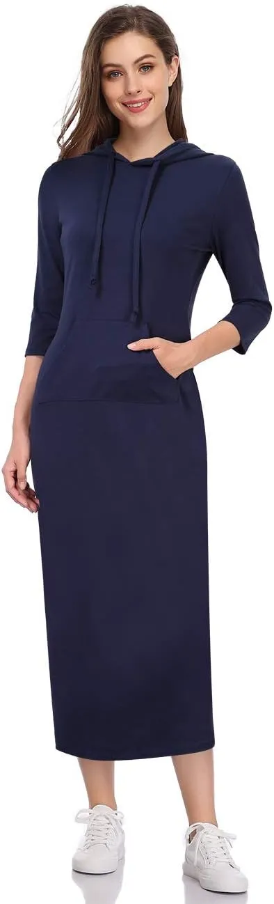 MISSKY Women's Casual Pocket Slim Pullover Maxi Hoodie Dress