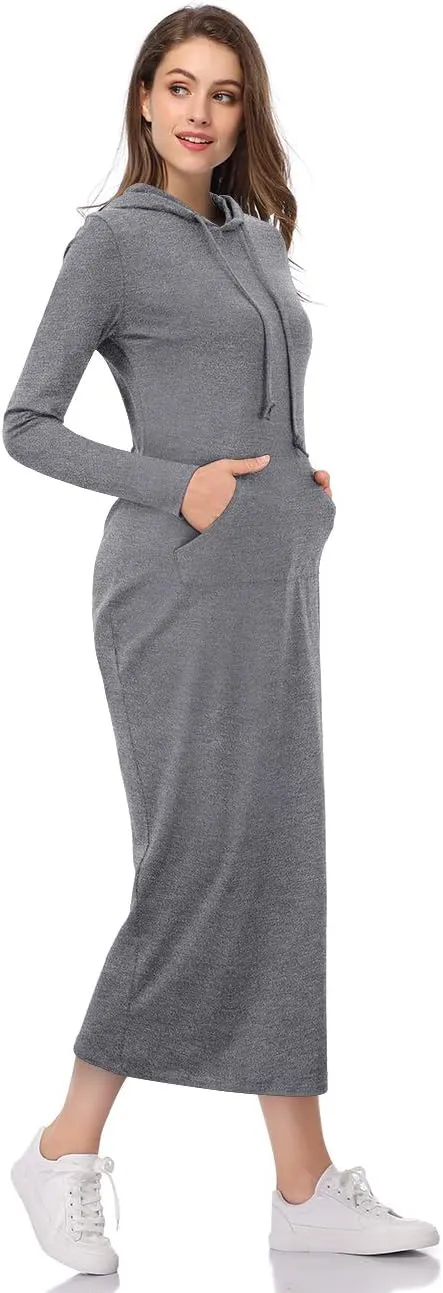 MISSKY Women's Casual Pocket Slim Pullover Maxi Hoodie Dress
