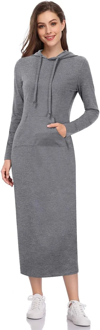 MISSKY Women's Casual Pocket Slim Pullover Maxi Hoodie Dress