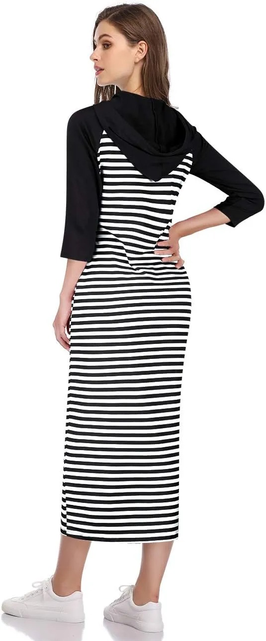 MISSKY Women's Casual Pocket Slim Pullover Maxi Hoodie Dress