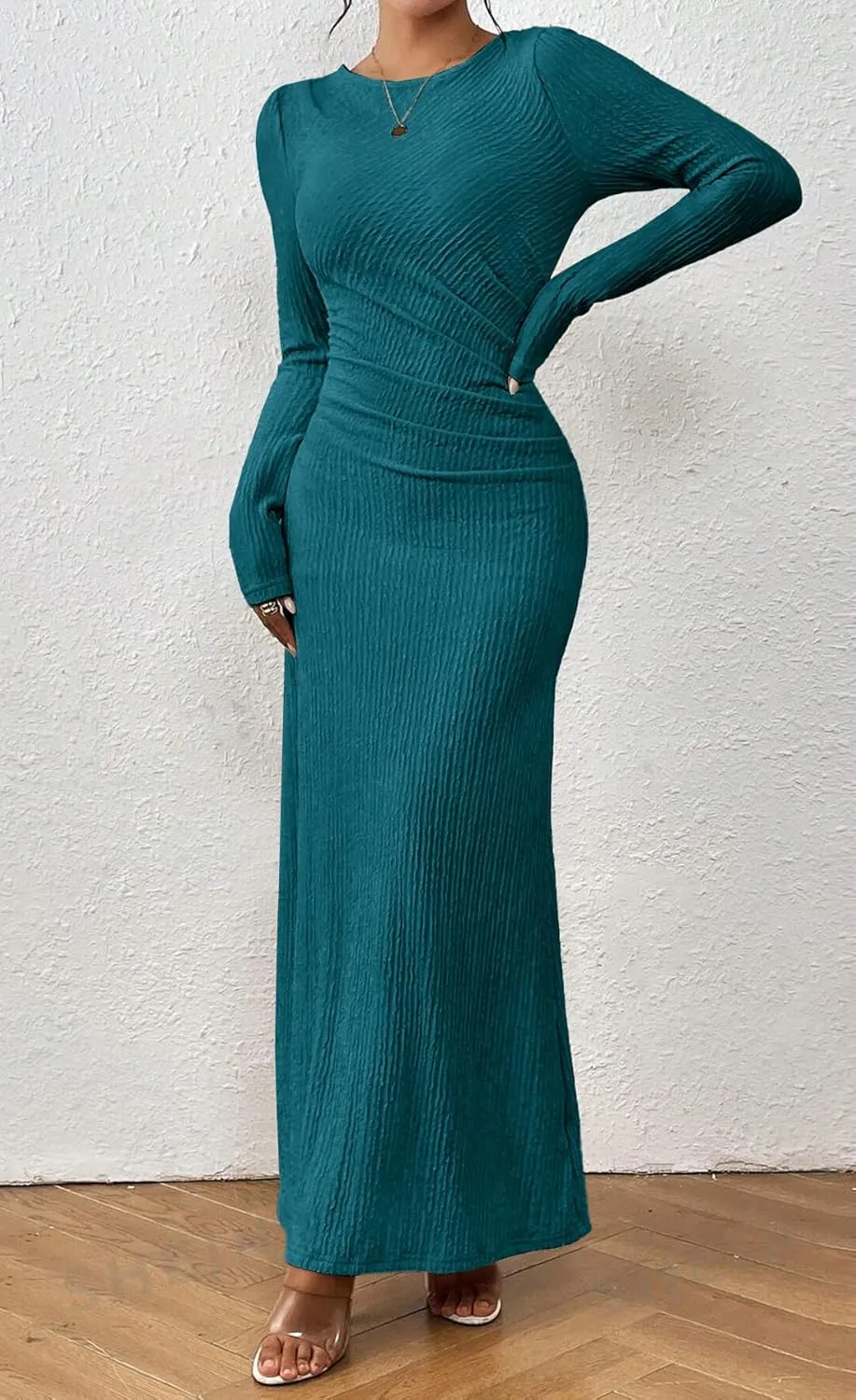 MITILLY Fall Dress for Women 2024 Long Sleeve Maxi Dress Formal Crew Neck Bodycon Ruched Textured Slim Cocktail Party Dress