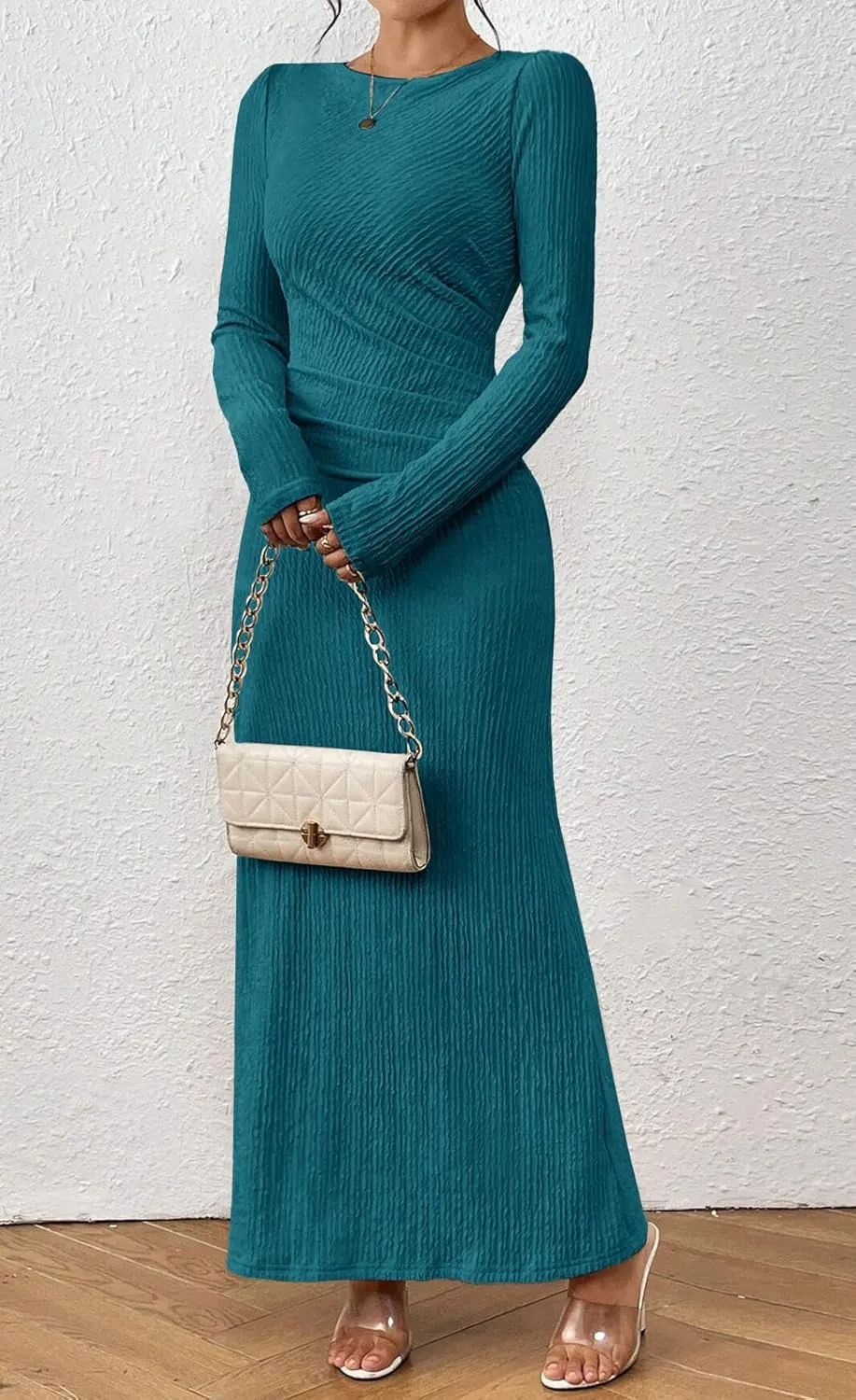 MITILLY Fall Dress for Women 2024 Long Sleeve Maxi Dress Formal Crew Neck Bodycon Ruched Textured Slim Cocktail Party Dress