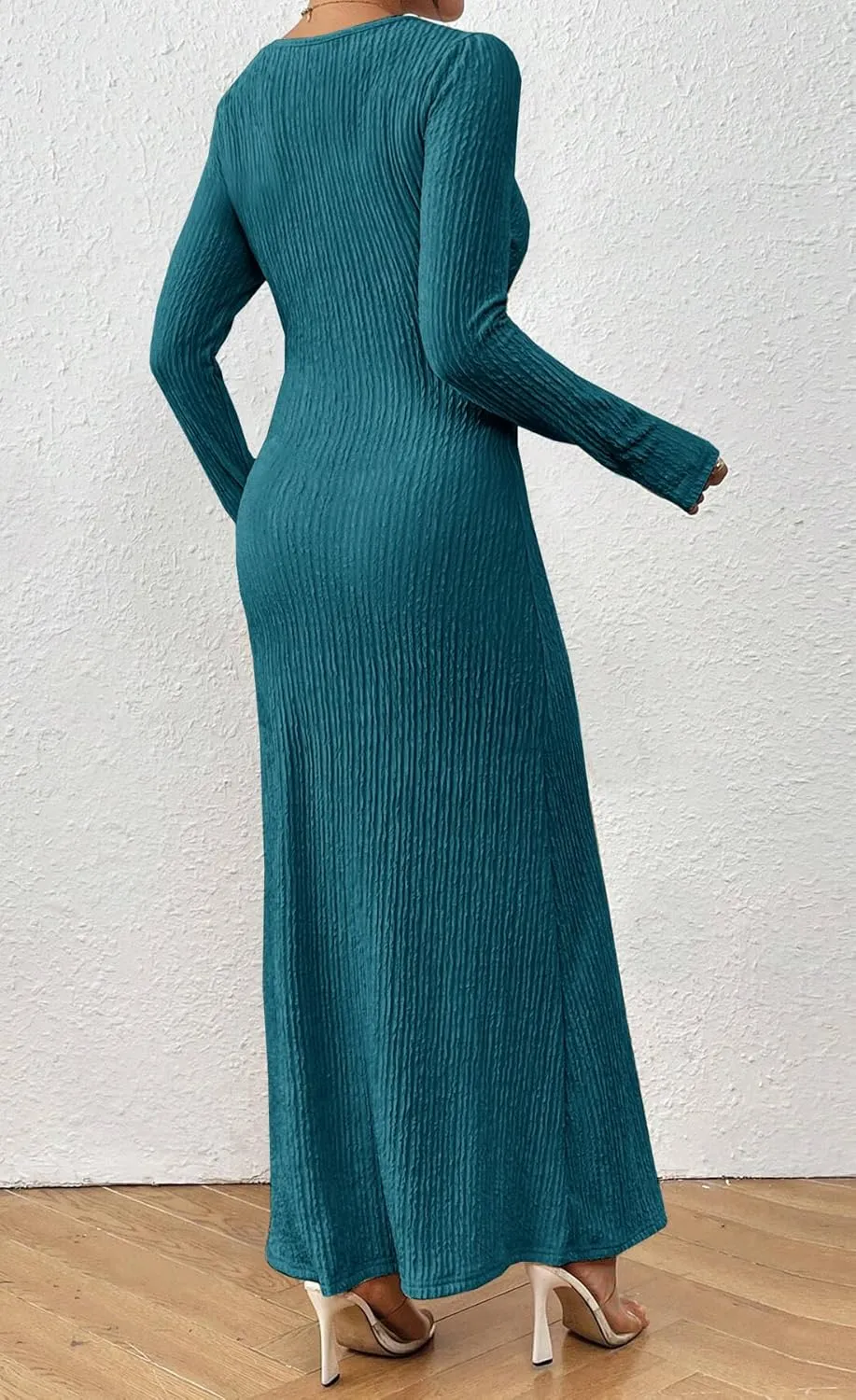 MITILLY Fall Dress for Women 2024 Long Sleeve Maxi Dress Formal Crew Neck Bodycon Ruched Textured Slim Cocktail Party Dress