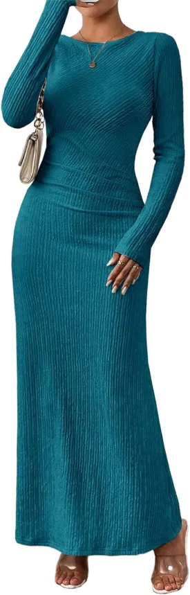 MITILLY Fall Dress for Women 2024 Long Sleeve Maxi Dress Formal Crew Neck Bodycon Ruched Textured Slim Cocktail Party Dress