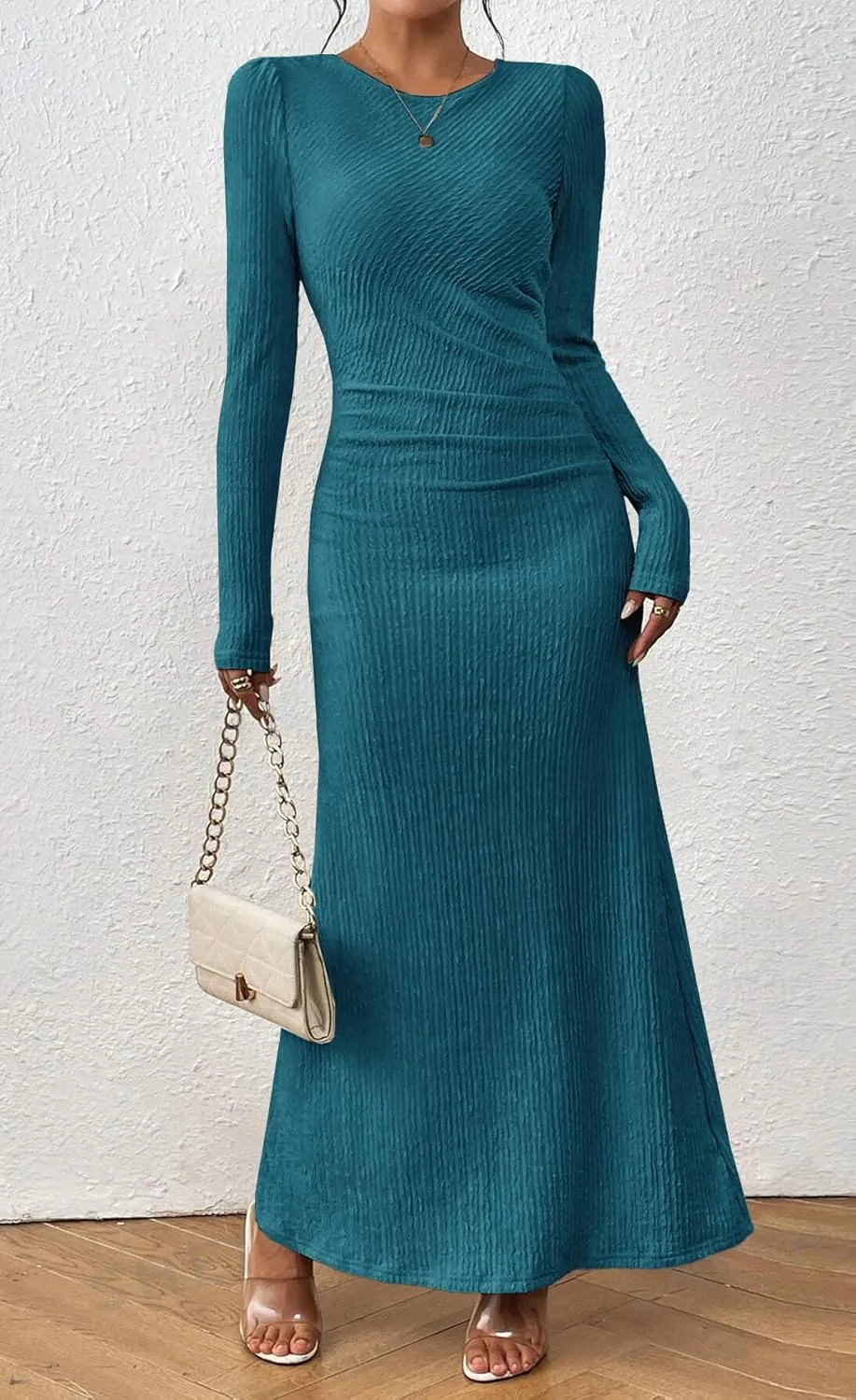 MITILLY Fall Dress for Women 2024 Long Sleeve Maxi Dress Formal Crew Neck Bodycon Ruched Textured Slim Cocktail Party Dress