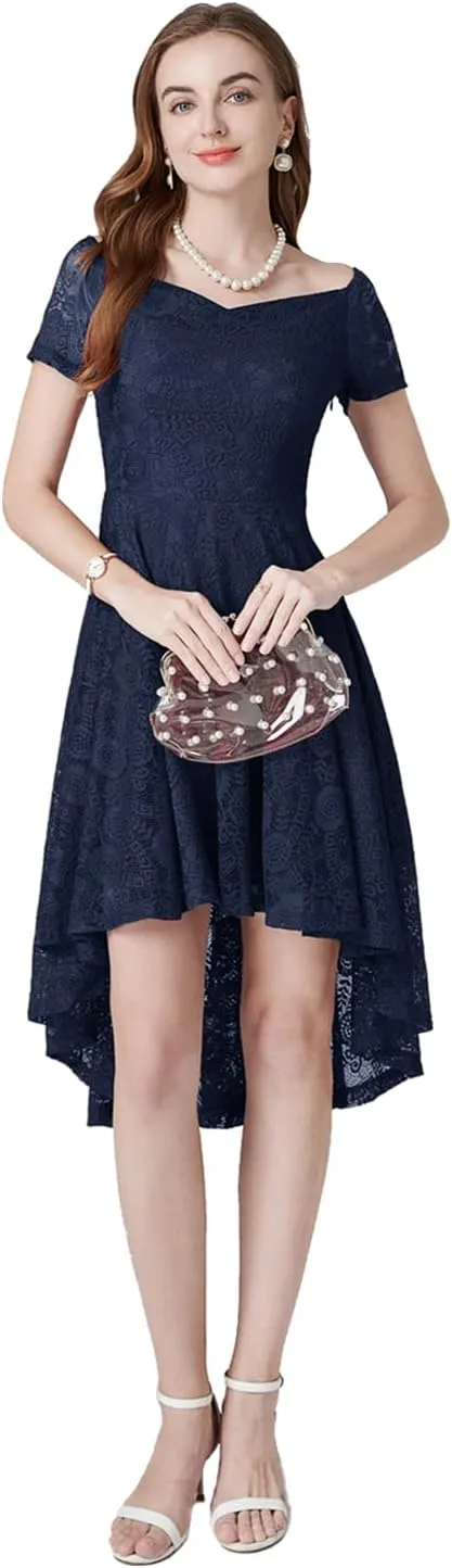 MllesReve Vintage Floral Lace Women Cocktail Party Dress High Low Swing Dress Formal Wedding Guest Dress
