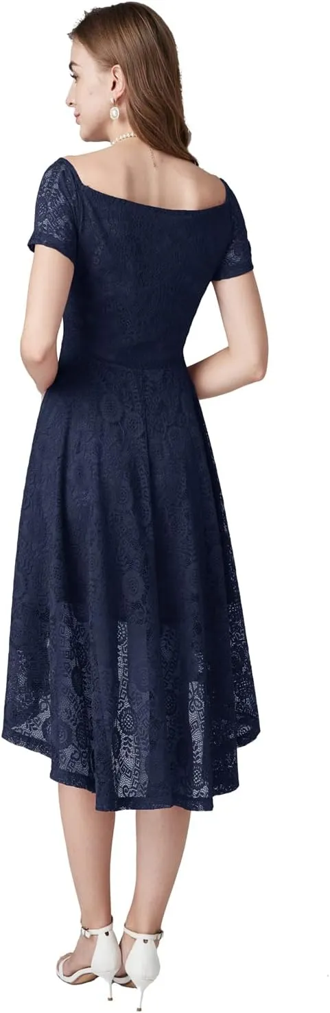 MllesReve Vintage Floral Lace Women Cocktail Party Dress High Low Swing Dress Formal Wedding Guest Dress
