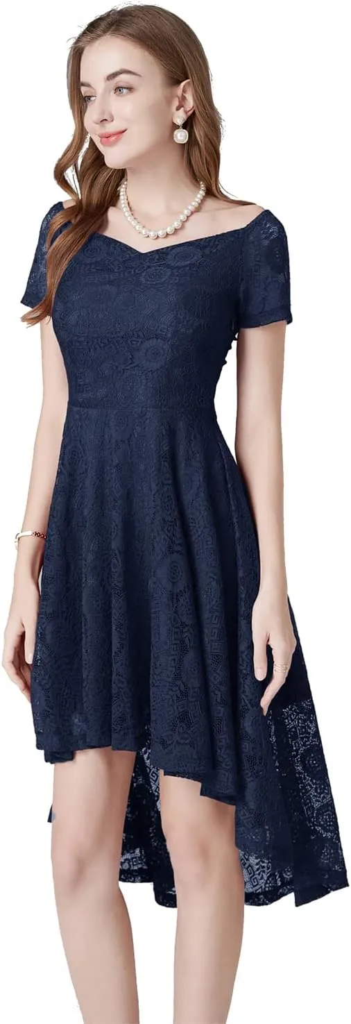 MllesReve Vintage Floral Lace Women Cocktail Party Dress High Low Swing Dress Formal Wedding Guest Dress