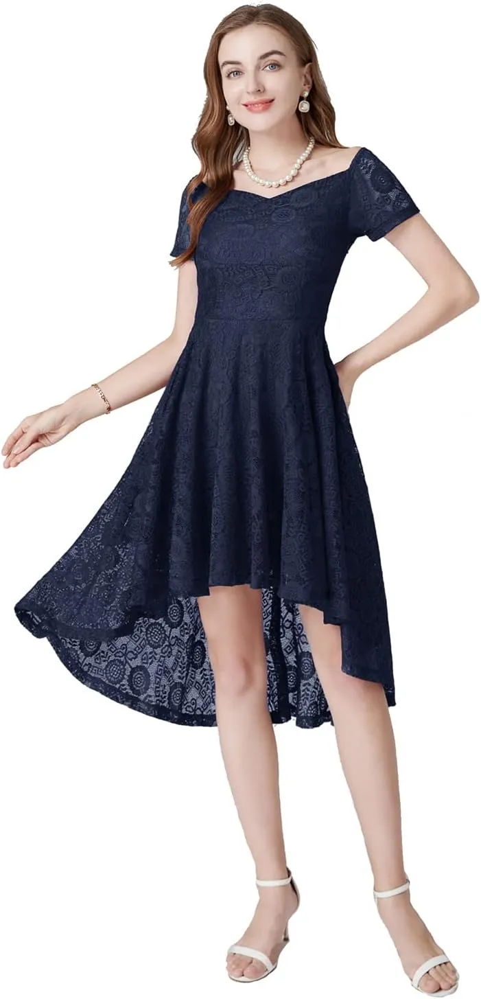 MllesReve Vintage Floral Lace Women Cocktail Party Dress High Low Swing Dress Formal Wedding Guest Dress