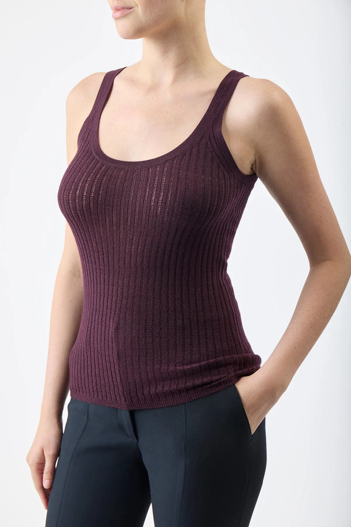Nevin Pointelle Knit Tank Top in Deep Bordeaux Cashmere Silk
