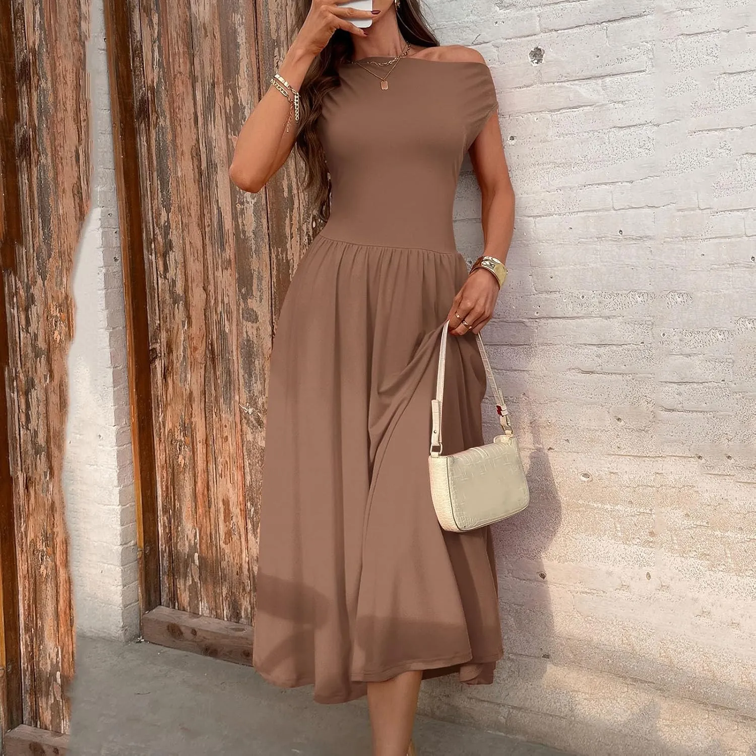 Oplxuo Womens Summer Sleeveless Maxi Dress One Shoulder Casual A-Line Swing Pleated Long Dresses with Pockets