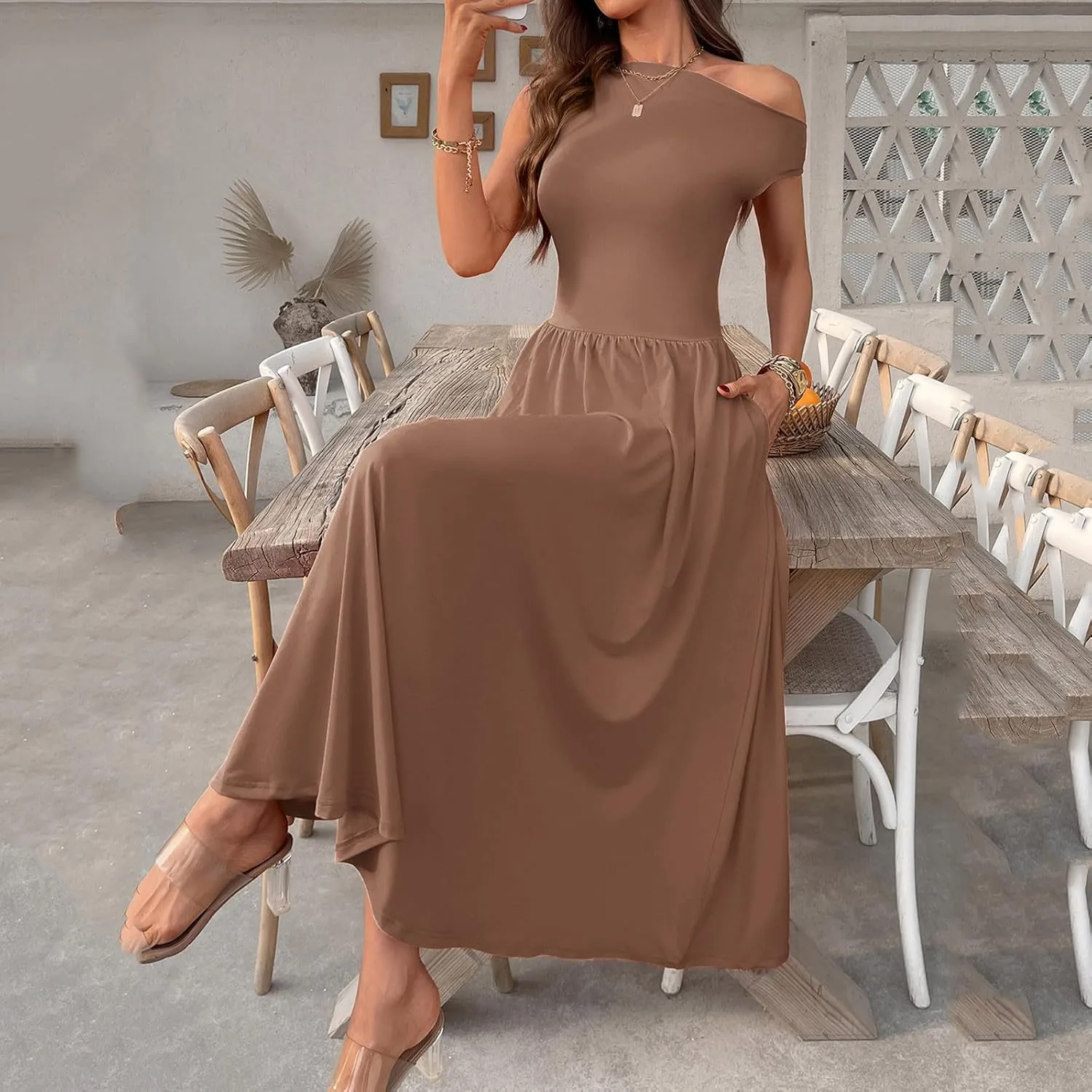 Oplxuo Womens Summer Sleeveless Maxi Dress One Shoulder Casual A-Line Swing Pleated Long Dresses with Pockets