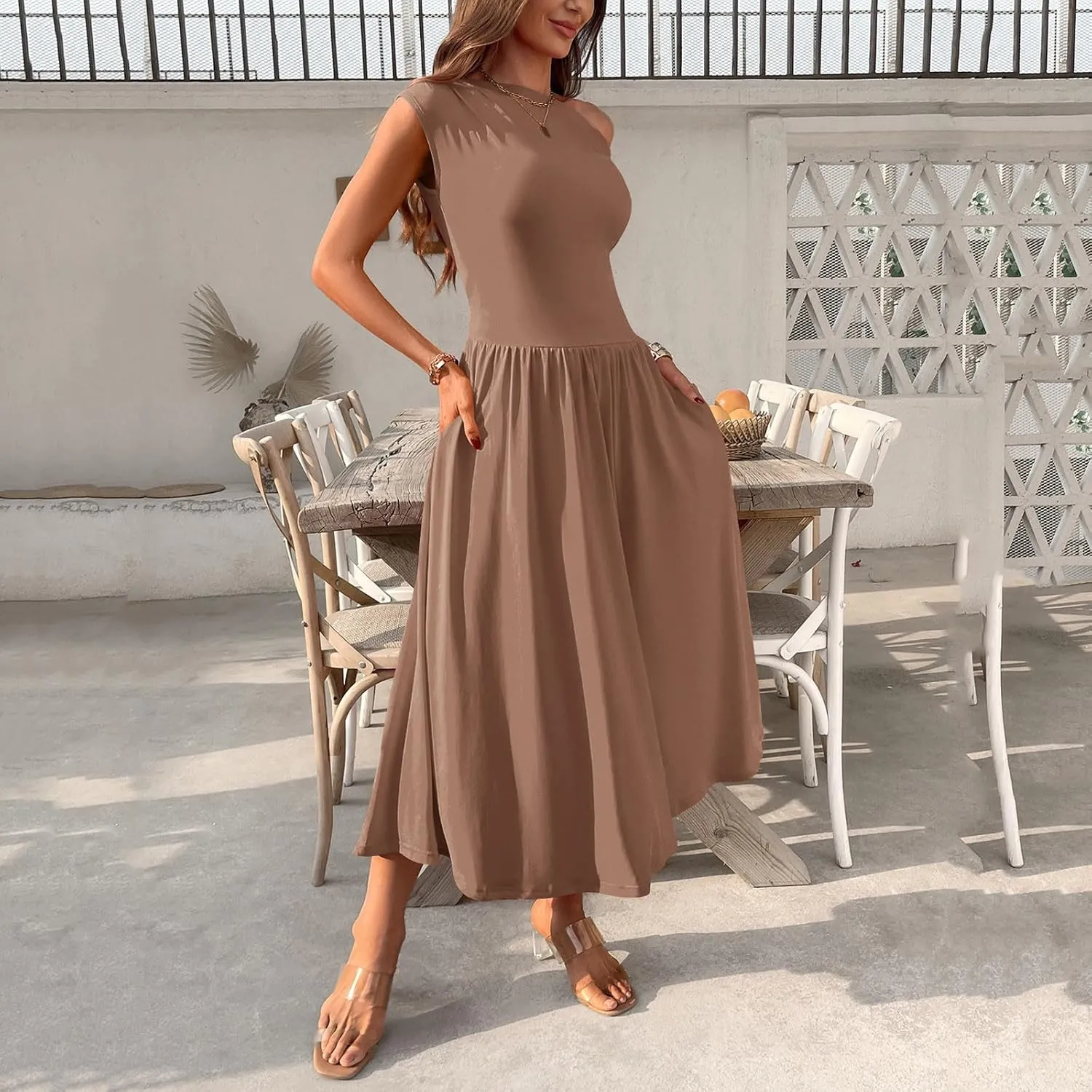Oplxuo Womens Summer Sleeveless Maxi Dress One Shoulder Casual A-Line Swing Pleated Long Dresses with Pockets
