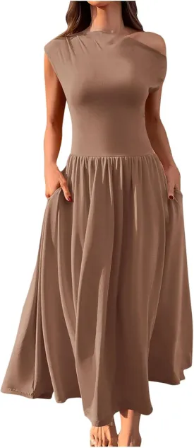 Oplxuo Womens Summer Sleeveless Maxi Dress One Shoulder Casual A-Line Swing Pleated Long Dresses with Pockets