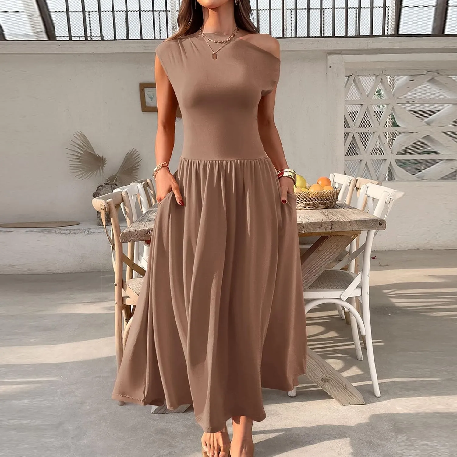 Oplxuo Womens Summer Sleeveless Maxi Dress One Shoulder Casual A-Line Swing Pleated Long Dresses with Pockets