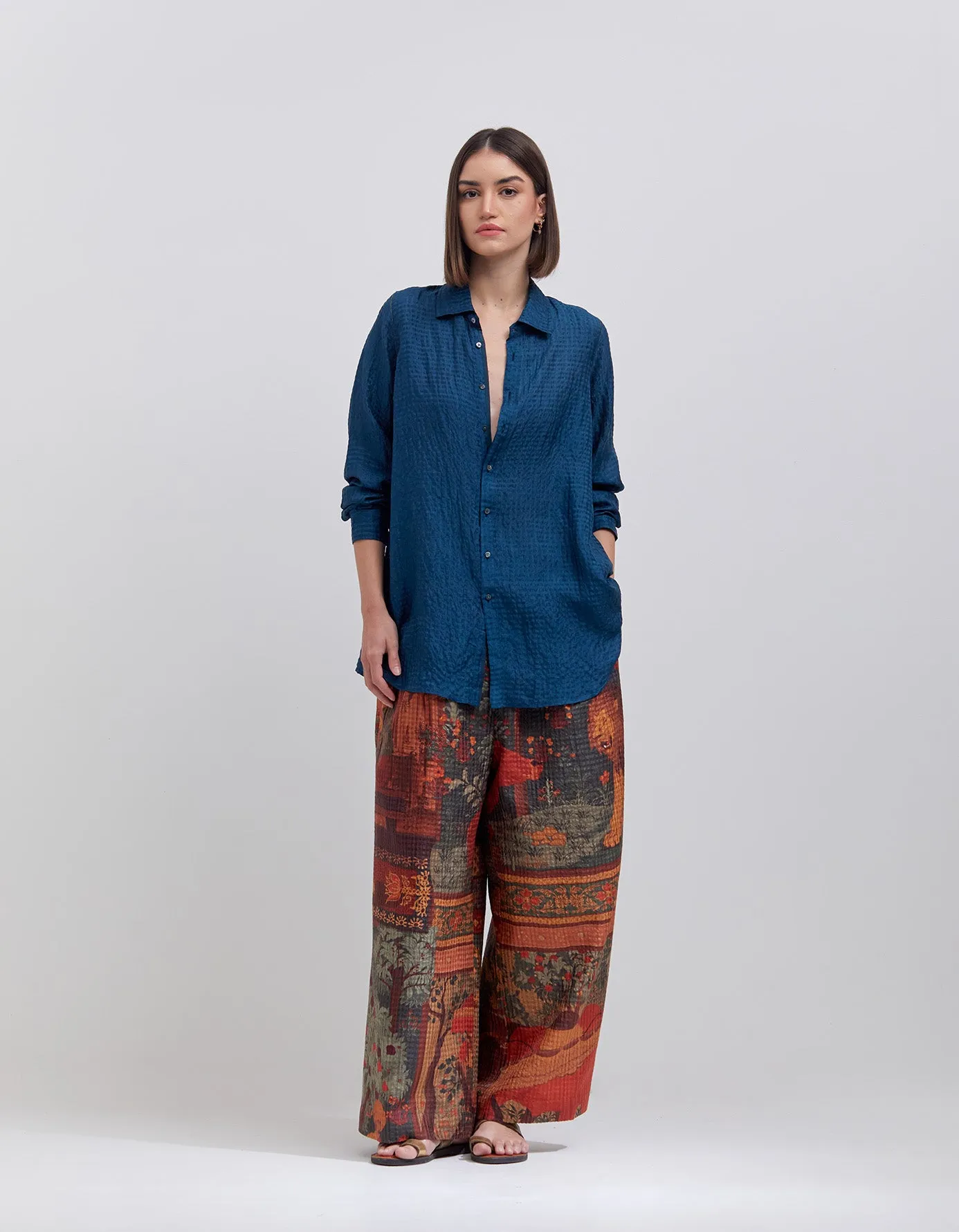 Oversized Shirt Silk Check Teal