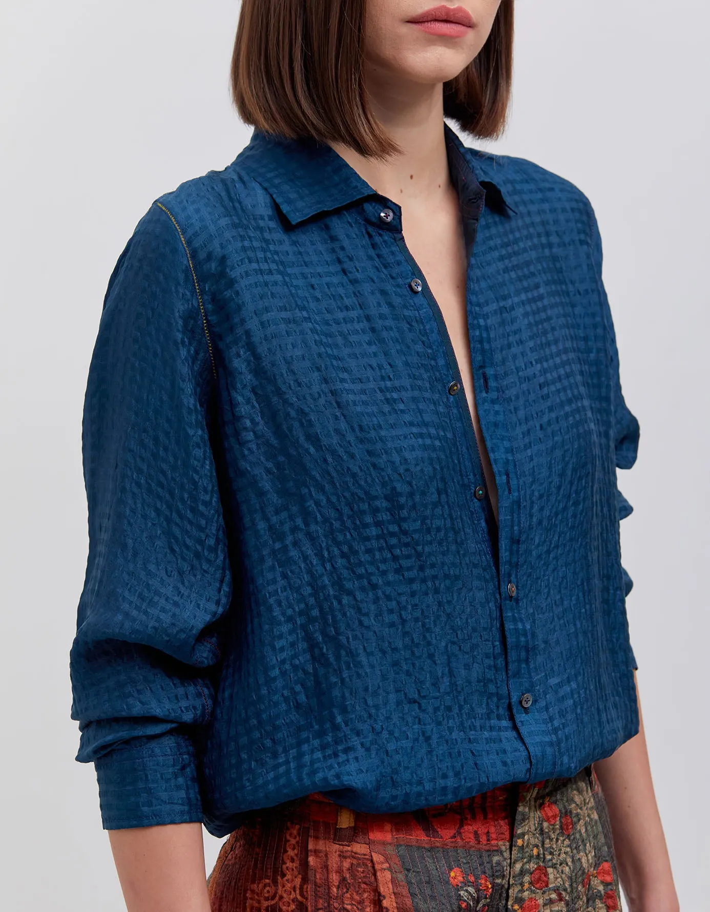 Oversized Shirt Silk Check Teal