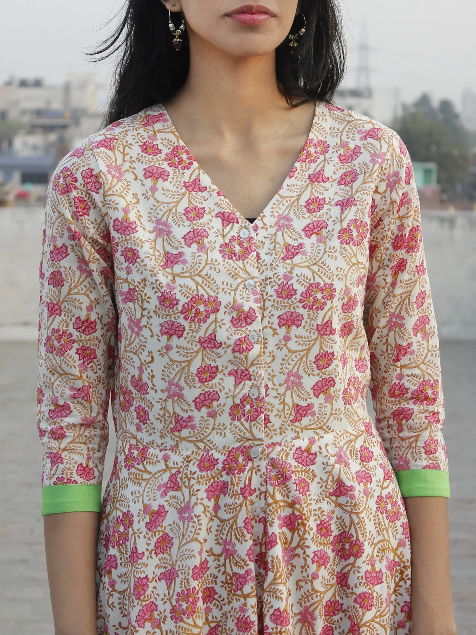 Pink Ivory Mustard Green Long Front Open Hand Block Printed Cotton Dress With Lining - D149F1097
