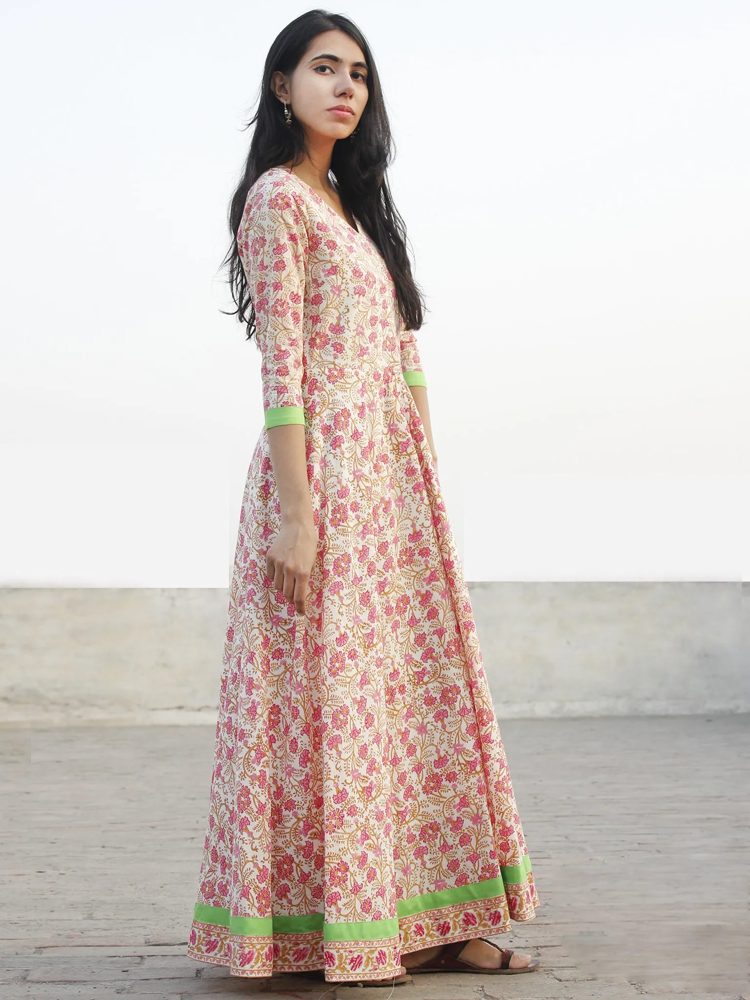 Pink Ivory Mustard Green Long Front Open Hand Block Printed Cotton Dress With Lining - D149F1097