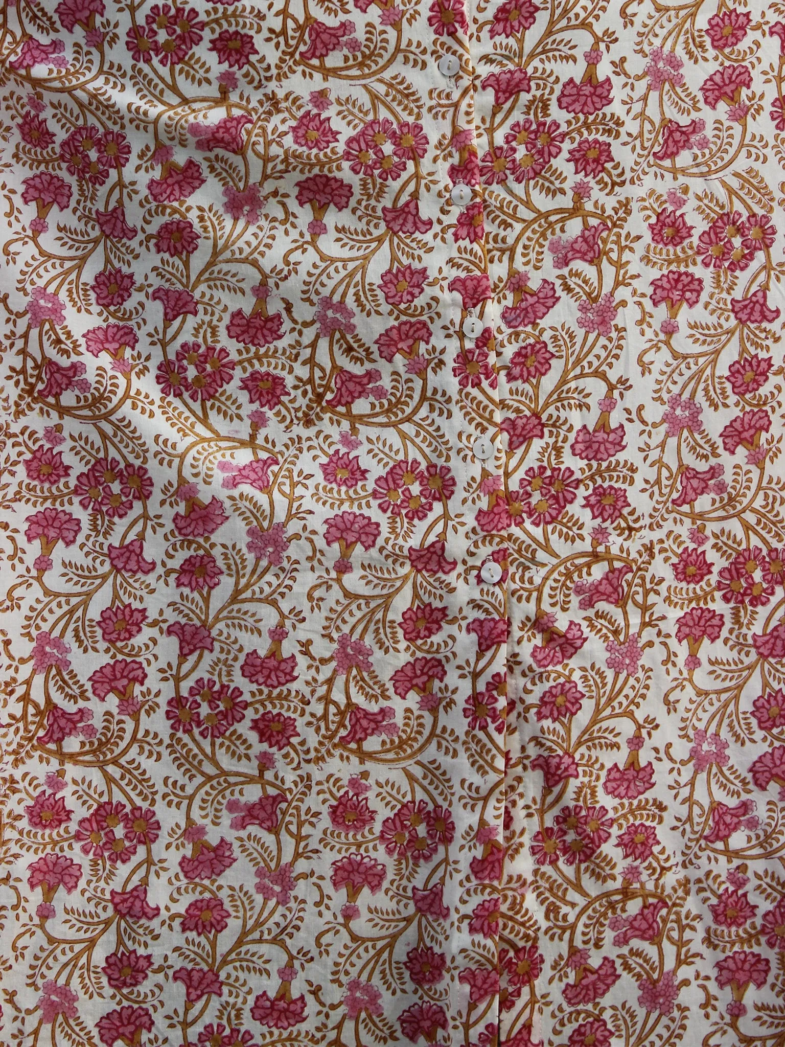 Pink Ivory Mustard Green Long Front Open Hand Block Printed Cotton Dress With Lining - D149F1097