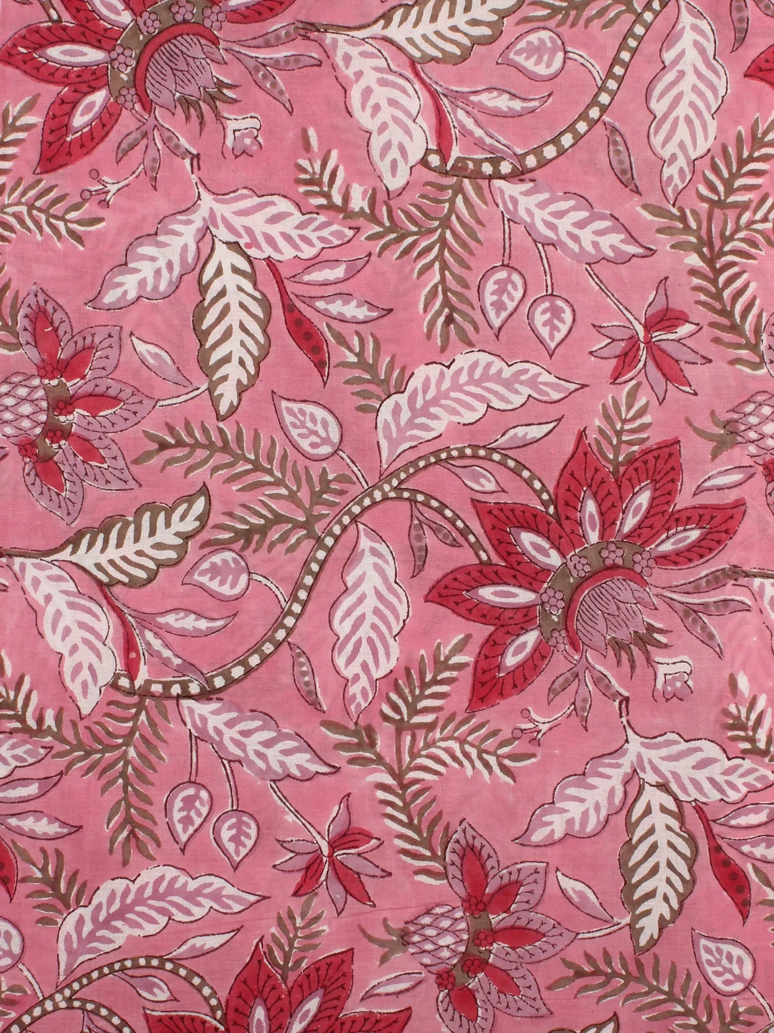 Pink Red White Hand Block Printed Cotton Fabric Per Meter - F001F2348