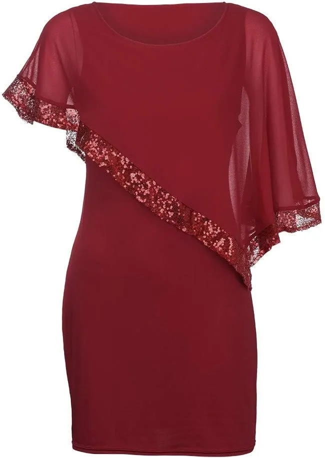 Plus Size Cape Dresses for Women with Metallic Trim Chiffon Overlay Bodycon Pencil Dress Wedding Cocktail Party Dress