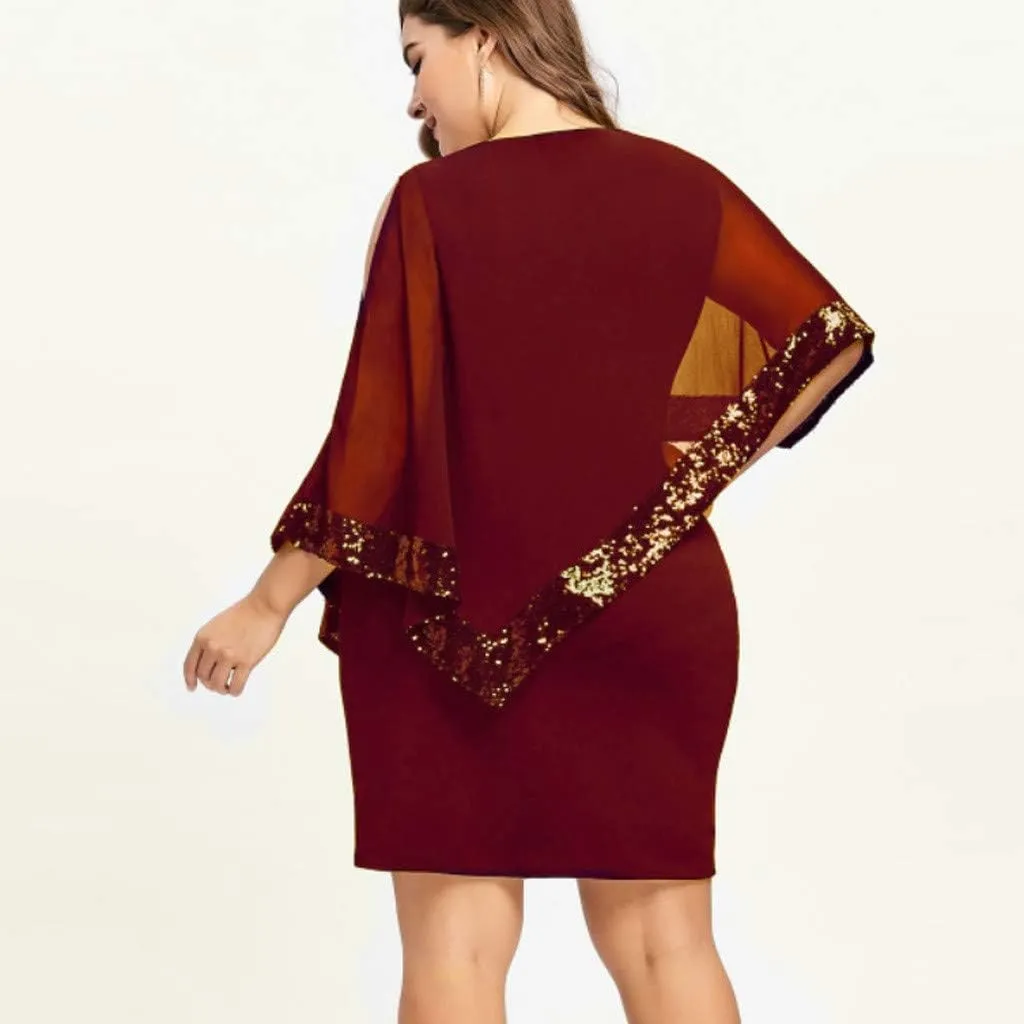 Plus Size Cape Dresses for Women with Metallic Trim Chiffon Overlay Bodycon Pencil Dress Wedding Cocktail Party Dress