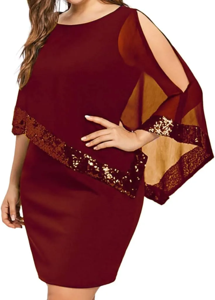 Plus Size Cape Dresses for Women with Metallic Trim Chiffon Overlay Bodycon Pencil Dress Wedding Cocktail Party Dress