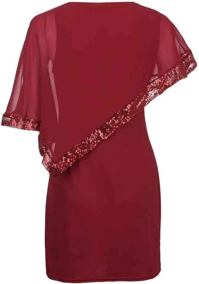 Plus Size Cape Dresses for Women with Metallic Trim Chiffon Overlay Bodycon Pencil Dress Wedding Cocktail Party Dress