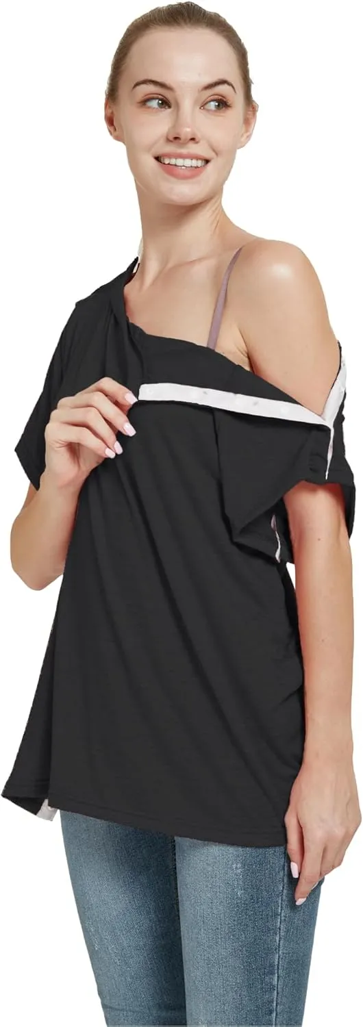 Post Shoulder Surgery Shirt, Women's Short Sleeve Shirt with Premium Snap, Chemo Clothing