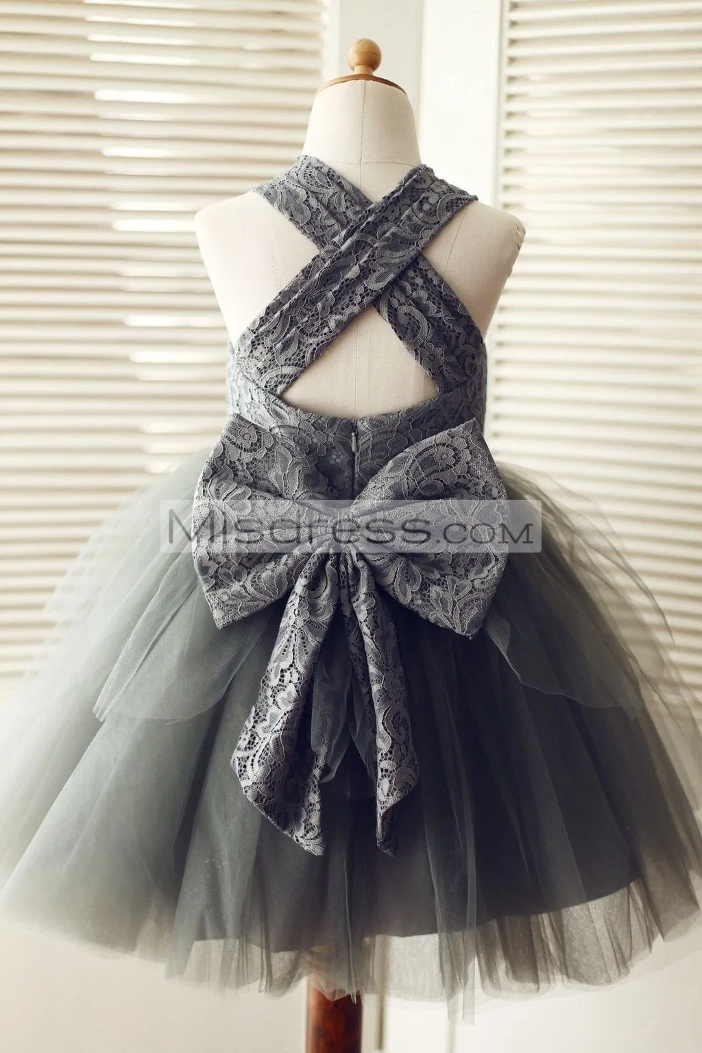 Princess Backless Gray Lace Tulle Straps Flower Girl Dress, Big Bow