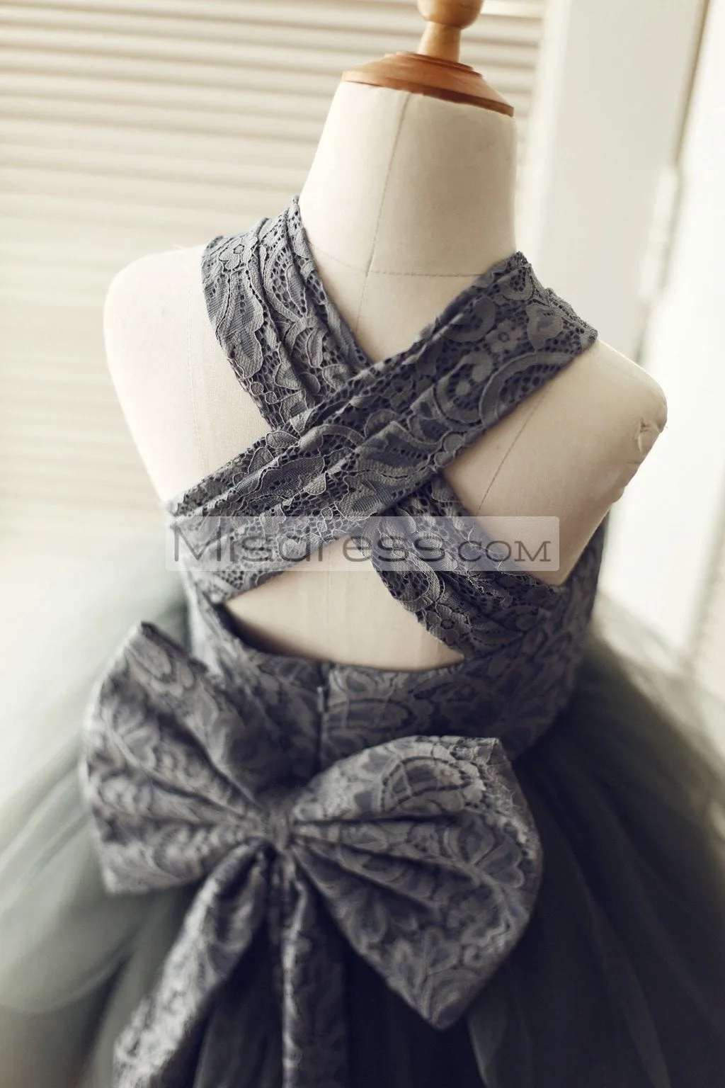 Princess Backless Gray Lace Tulle Straps Flower Girl Dress, Big Bow