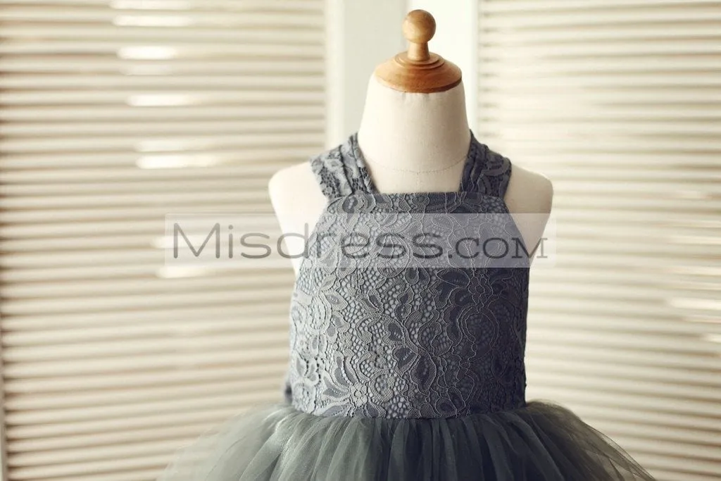 Princess Backless Gray Lace Tulle Straps Flower Girl Dress, Big Bow