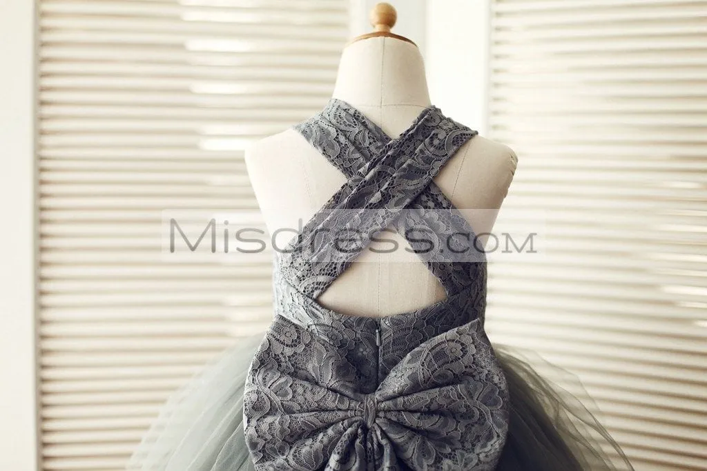Princess Backless Gray Lace Tulle Straps Flower Girl Dress, Big Bow