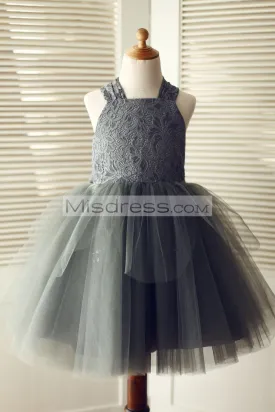 Princess Backless Gray Lace Tulle Straps Flower Girl Dress, Big Bow