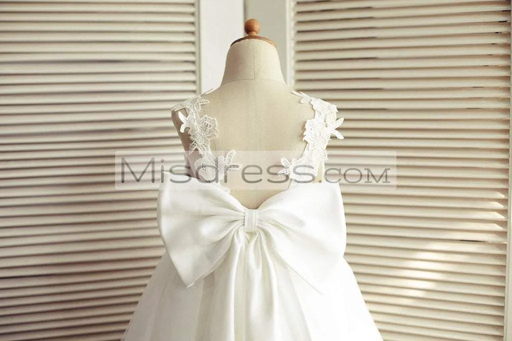 Princess Ivory Lace Tulle V Back Straps Wedding Flower Girl Dress, Big Bow