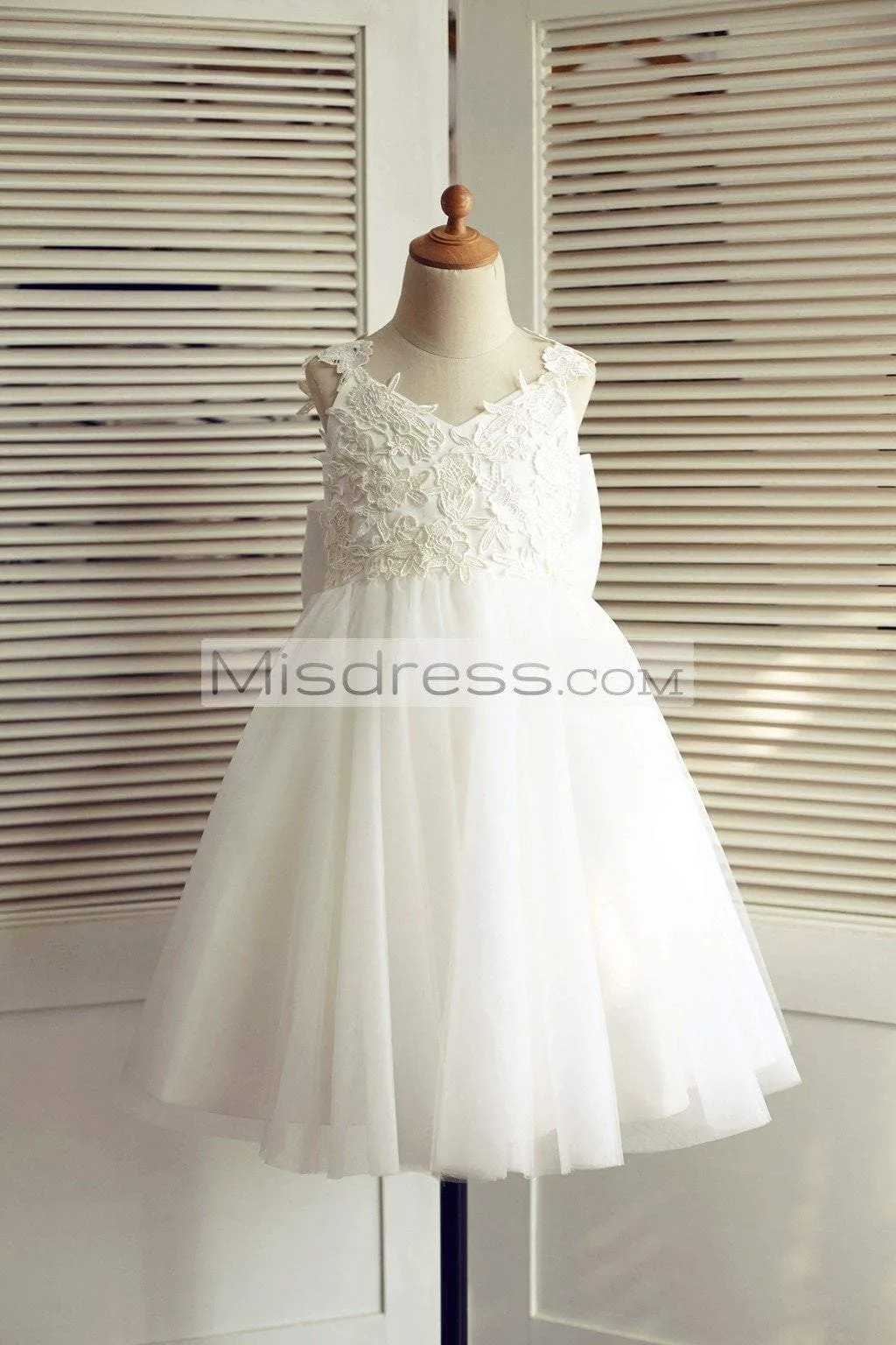 Princess Ivory Lace Tulle V Back Straps Wedding Flower Girl Dress, Big Bow