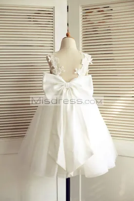 Princess Ivory Lace Tulle V Back Straps Wedding Flower Girl Dress, Big Bow