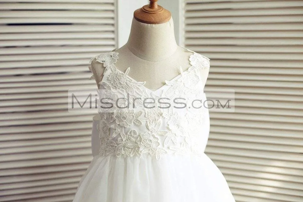 Princess Ivory Lace Tulle V Back Straps Wedding Flower Girl Dress, Big Bow
