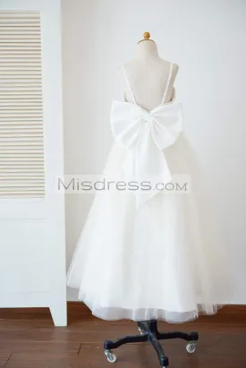 Princess Straps Ivory Lace Tulle Backless Wedding Flower Girl Dress, Bow