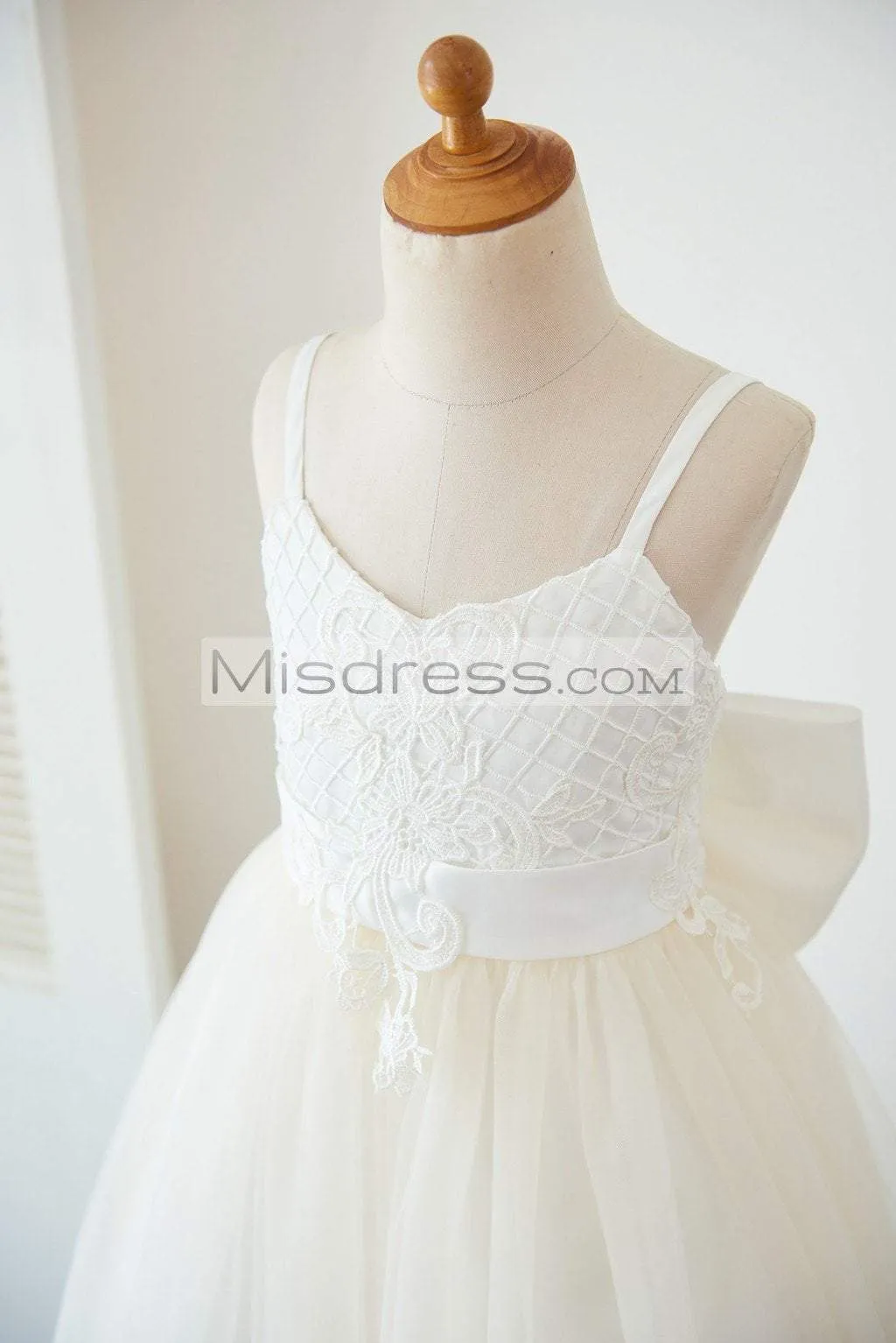 Princess Straps Ivory Lace Tulle Backless Wedding Flower Girl Dress, Bow