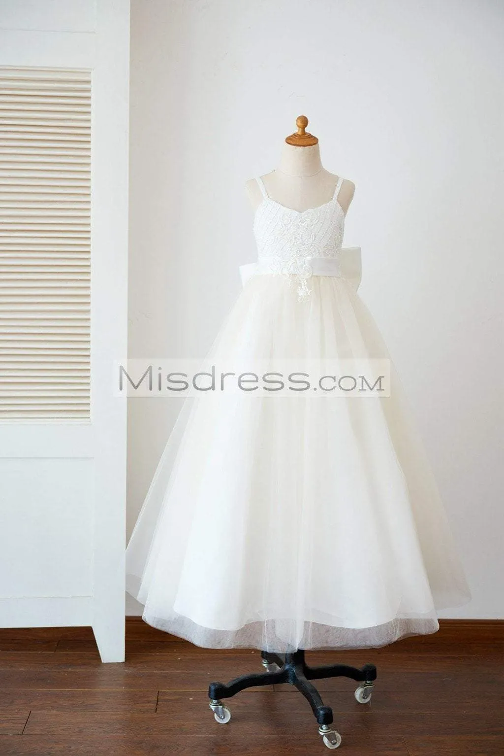 Princess Straps Ivory Lace Tulle Backless Wedding Flower Girl Dress, Bow